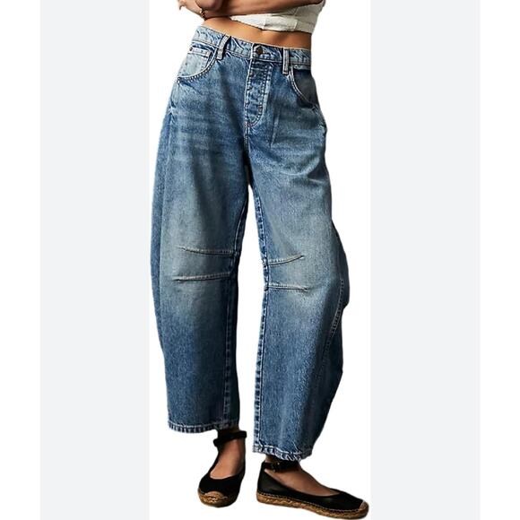 We the Free People Women's Denim Mid Waist Barrel Cropped Jeans Blue Size 30 - Picture 2 of 14